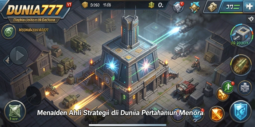 Screenshot gameplay DUNIA777 menunjukkan pertempuran menara yang intens dan mendebarkan.