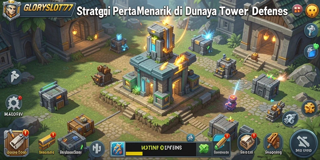 Tangkapan layar gameplay <strong>GLORYSLOT777</strong> dengan menara pertahanan yang strategis.