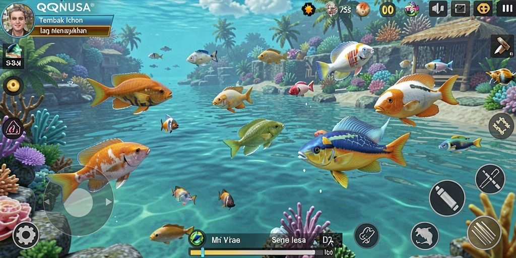 Screenshot gameplay QQNUSA menampilkan aksi seru menembak ikan.