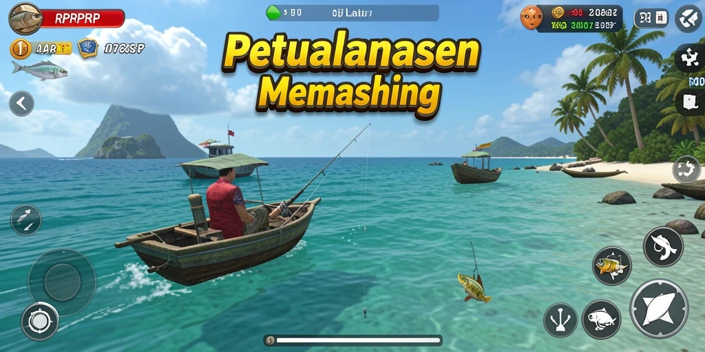 Tampilan gameplay RPRPRP yang seru saat menangkap ikan di lautan.
