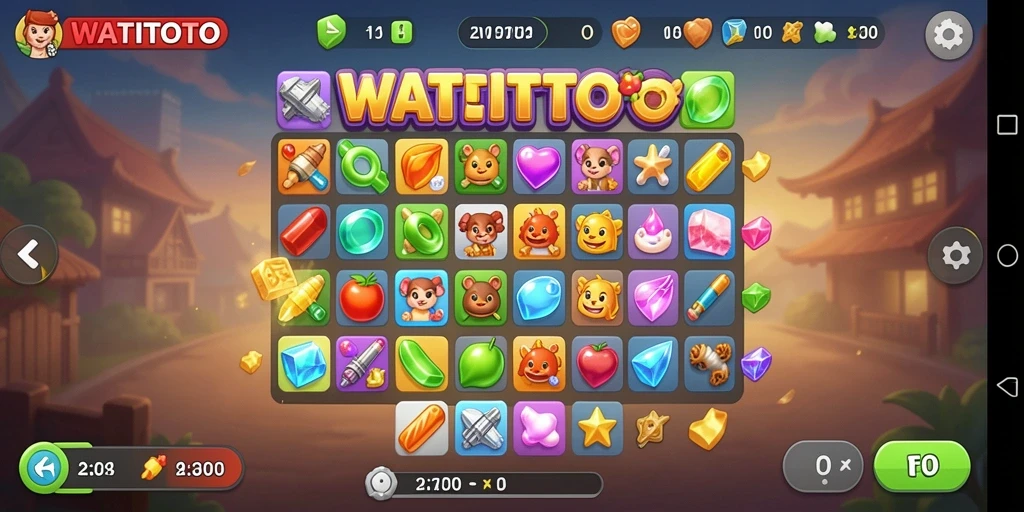 Gameplay WATITOTO menampilkan elemen match-3 yang seru dan berwarna.
