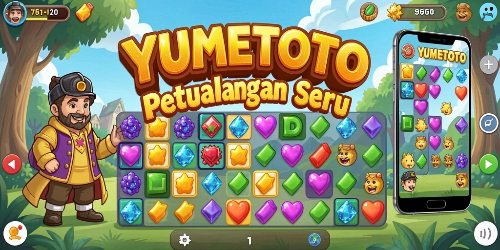 Tampilan gameplay seru YUMETOTO dengan aksi Match-3 menyenangkan.
